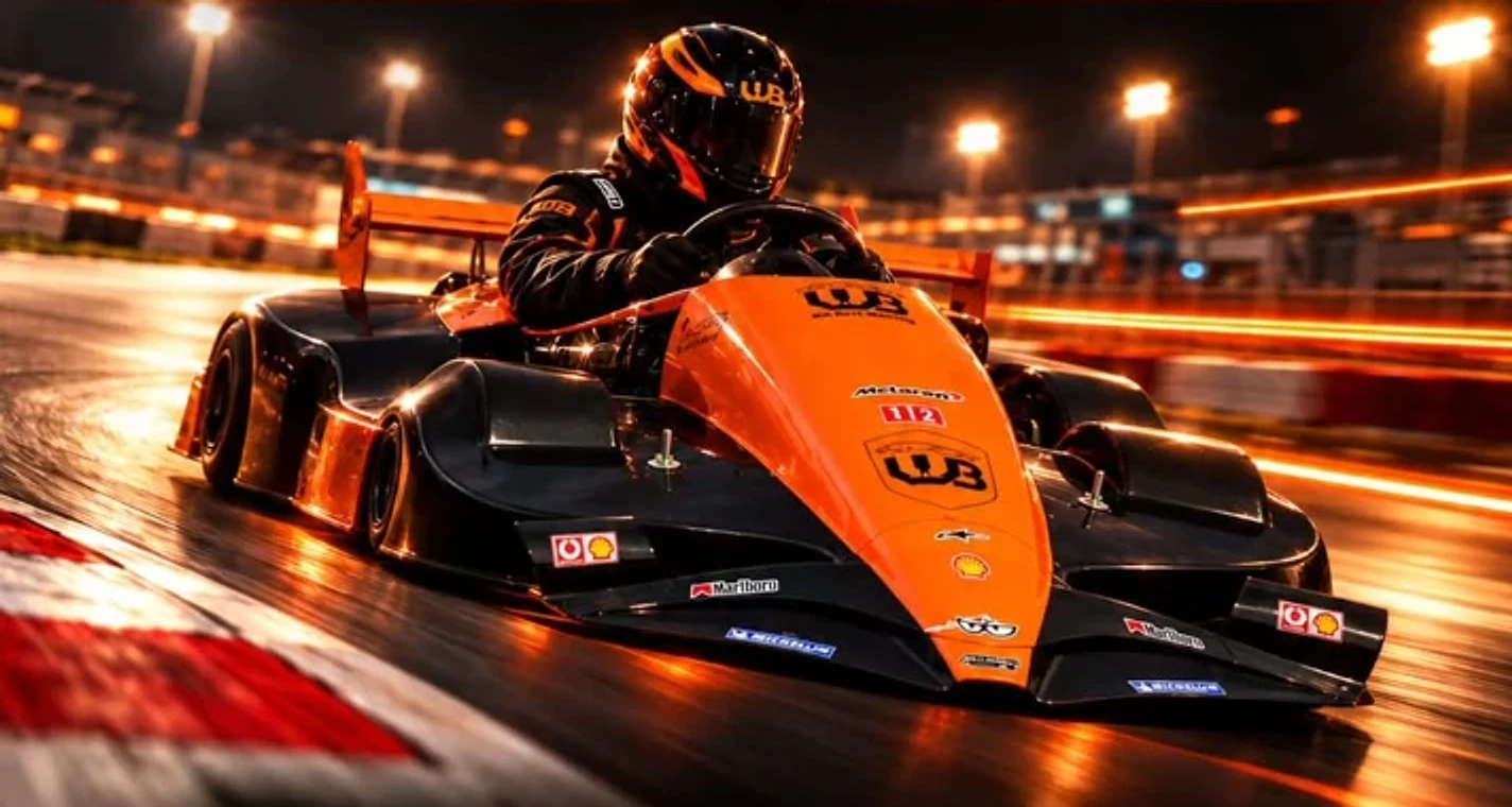 Piloto da WB Kart Racing acelerando um super kart laranja na pista à noite