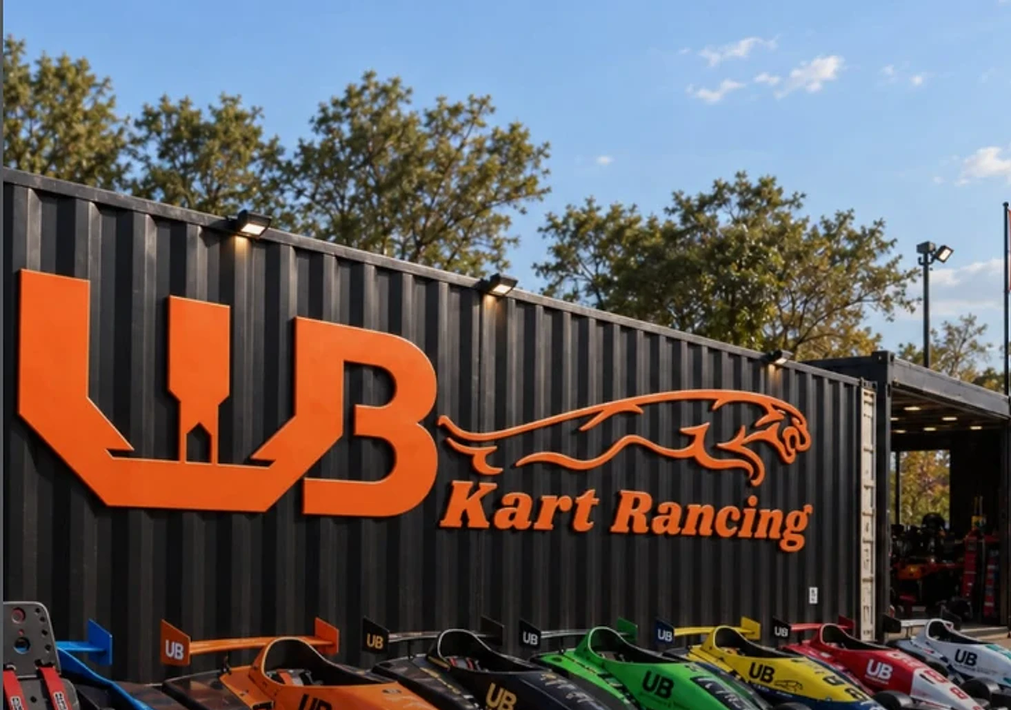 Frota de super karts coloridos em frente ao container com a logo da WB Kart Racing